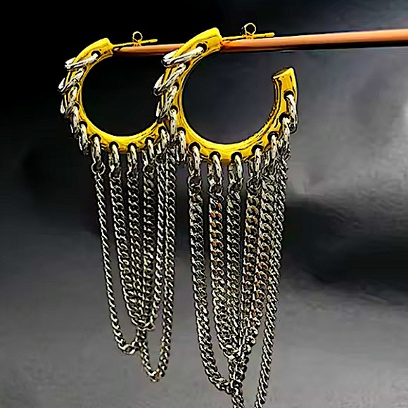 Two Tone Chain Hoop Link Earrings Gold and Silver Punk Retro Y2K - Picture 1 of 7